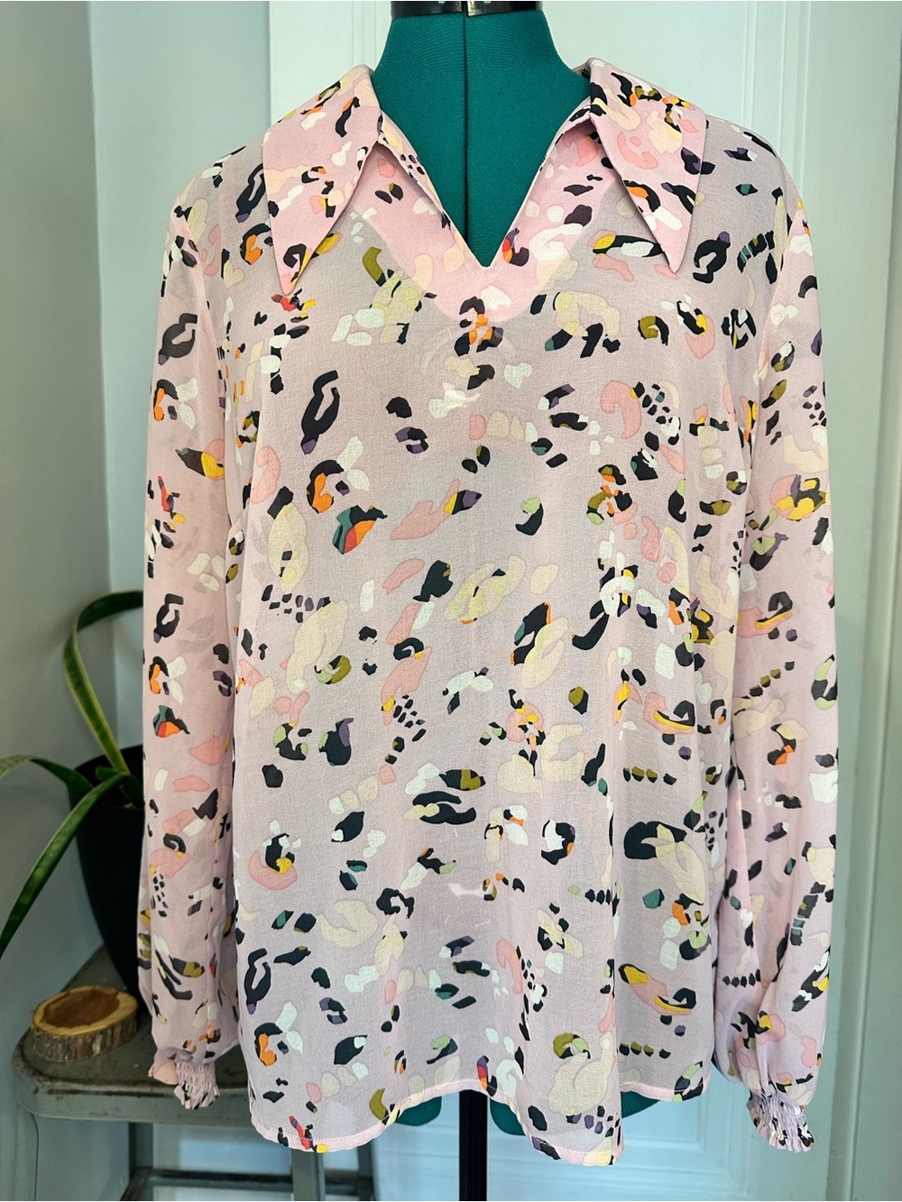 CAbi Light Pink Printed Blouse with Purple & Yellow Accents shear